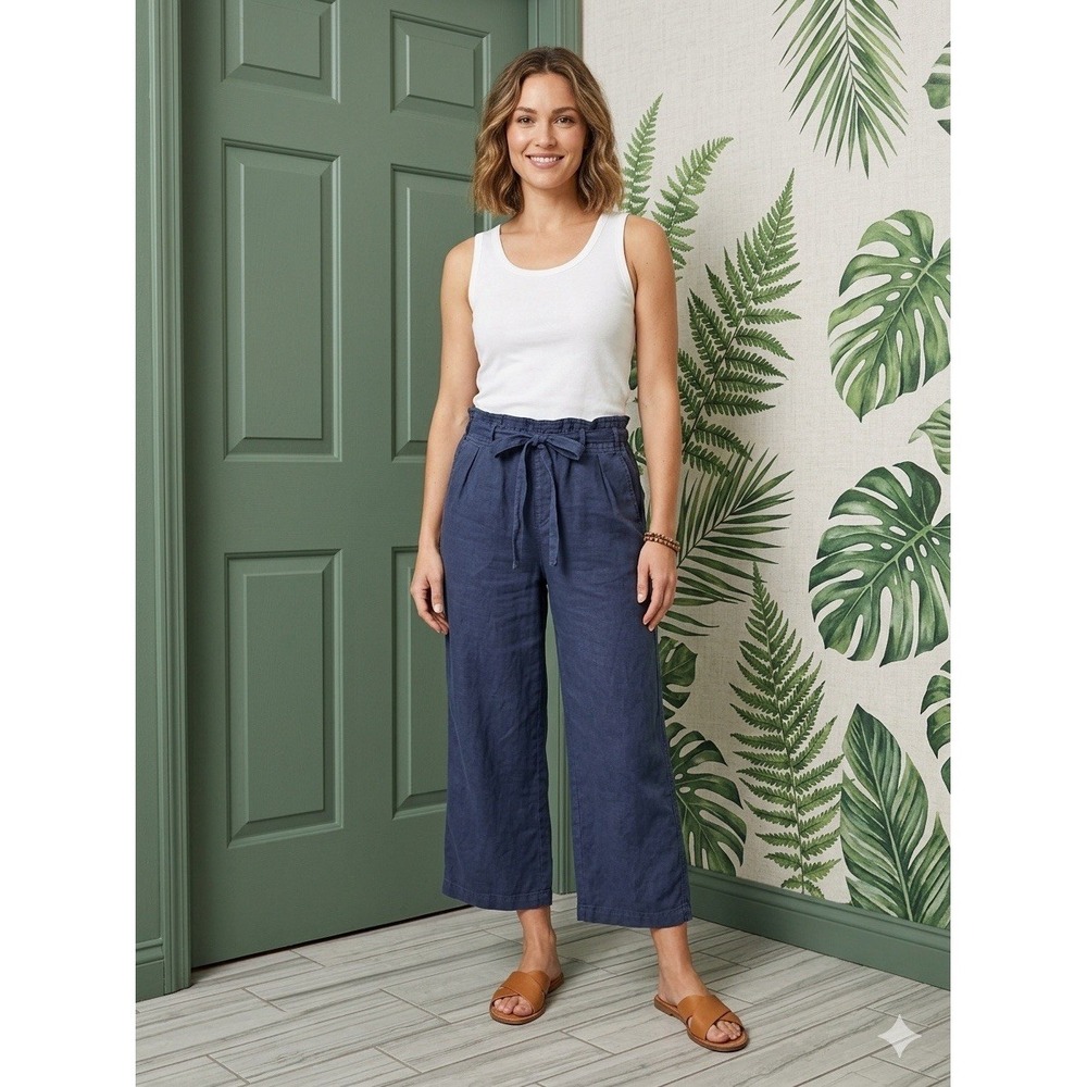 NSF Navy Blue Paperbag Waist Cropped Linen Blend Wide Legs Pants Size S/M New
